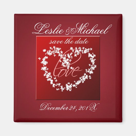 愛、蝶のハート、日付を保存 マグネット (正面)