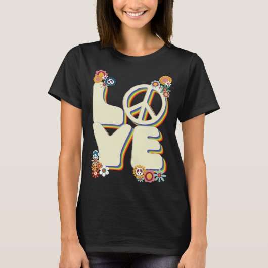 愛Hippie平和サイン花Groovy 60s 70s Retr Tシャツ (正面)