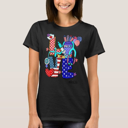 愛Rn生命ステソスコープ花火アメリカ国旗4日 Tシャツ (正面)