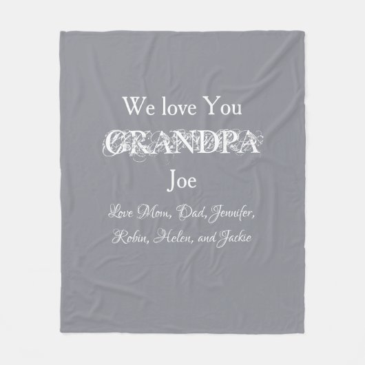 愛Youおじいちゃんシンプルスクリプト子供の名前かわいいグレー フリースブランケット (正面)