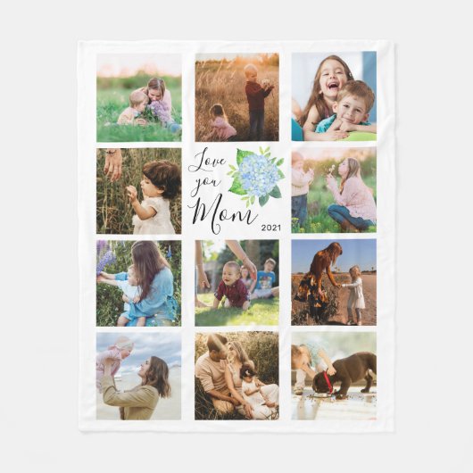 愛Youママ家族フォトコラージュアジサイフローラ フリースブランケット (正面)