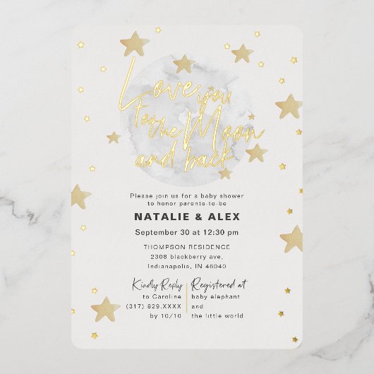 愛You Moon & Back Boy赤ちゃんシャワー 箔招待状 (正面)