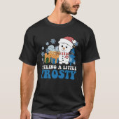 感じの小さな雪だるまの雪の霜の降りたクリスマス Tシャツ (正面)