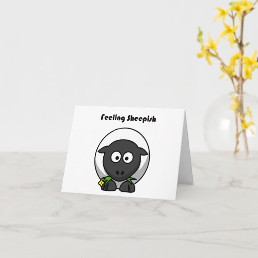 感じの恥ずかしそうな可愛い恥ずかしがり屋の羊のおもしろい漫画 カード (黄色い花)