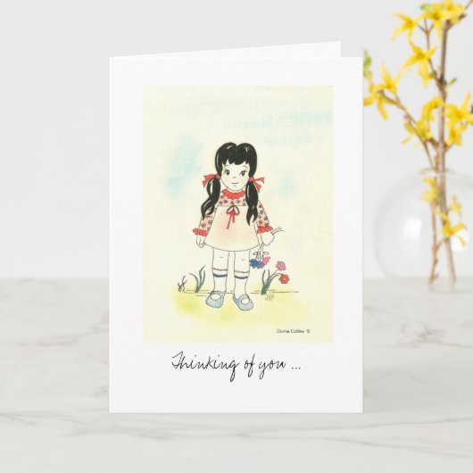 感じ小さな女の子 カード (黄色い花)