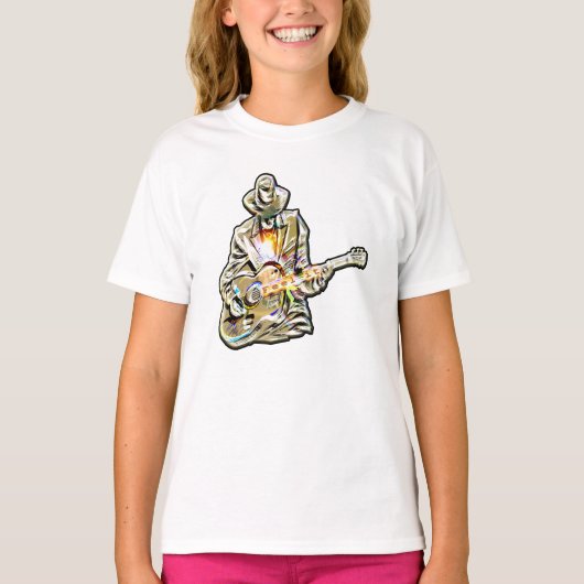 感じThe Blues – ギタ芸術的ーデザイン Tシャツ (正面)