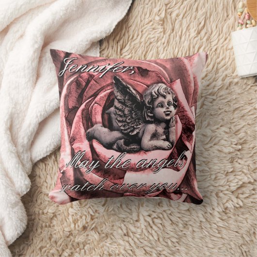 感動的なバラを持つパーソナライズな天使の天使 クッション (ブランケット)