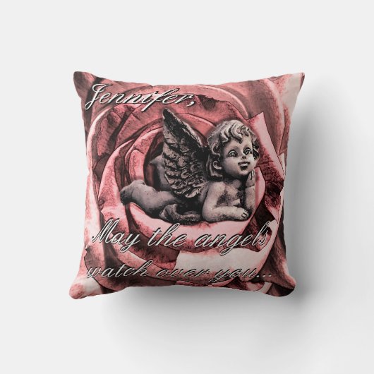 感動的なバラを持つパーソナライズな天使の天使 クッション (裏面)