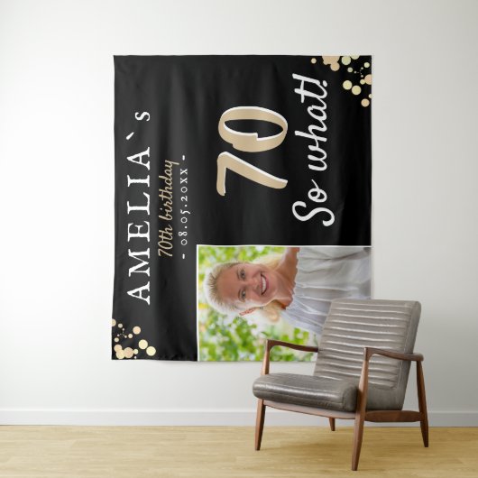 感動的な70歳の誕生日ブラックフォトバックドロップ タペストリー (インサイチュ)