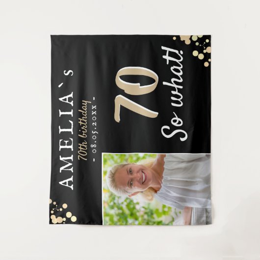 感動的な70歳の誕生日ブラックフォトバックドロップ タペストリー (正面)