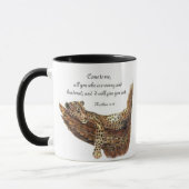 感動的聖なる書物、 経典、マタイ11:28、ヒョウ マグカップ (左)