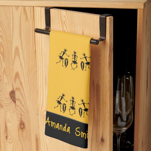 感動的踊りアフリカンアートかわいいオレンジ キッチンタオル (三つ折り)