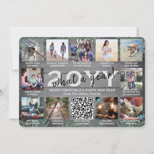 感慨深い1年！QRコード付12枚写真コラージュ　ウッド＆パイン シーズンカード (正面)