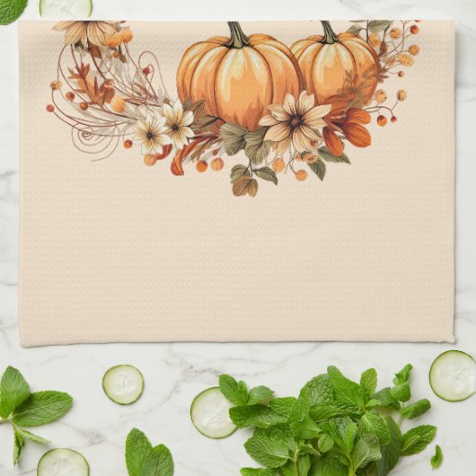 感謝かぼちゃと秋の花リース キッチンタオル (折り畳み)