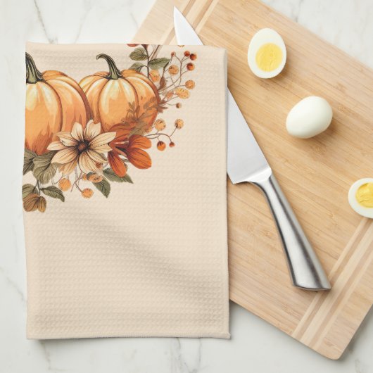感謝かぼちゃと秋の花リース キッチンタオル (四つ折り)