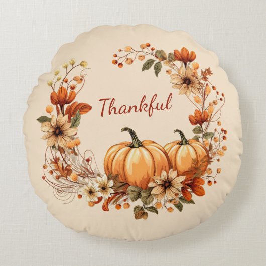 感謝かぼちゃと秋の花リース ラウンドクッション (正面)