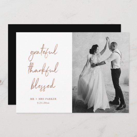 感謝した感謝している賛美された|のばら色の金ゴールドの原稿の写真 サンキューカード (正面/裏面)