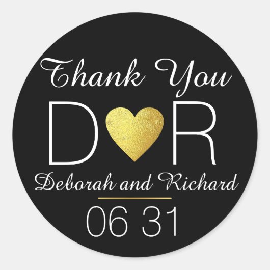 感謝していおよ金ゴールドフェイクハート。結婚式の引き出物黒 ラウンドシール (正面)