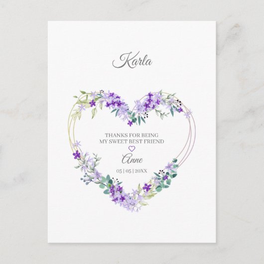 感謝していお最高の友達のフローラハートを紫で表示 ポストカード (正面)