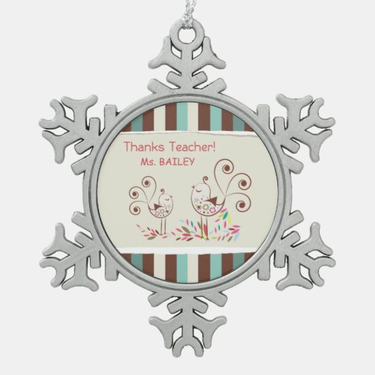 感謝していお洒落ストライプ先生 スノーフレークピューターオーナメント (正面)