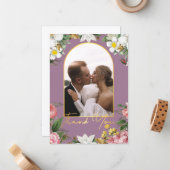 感謝していお結婚フローラの写真金ゴールドアーチ紫 ノートカード (正面/裏面インサイチュ)