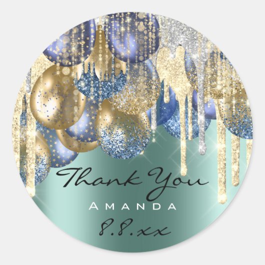 感謝していの誕生日ティール（緑がかった色）金ゴールドドリップ ラウンドシール (正面)