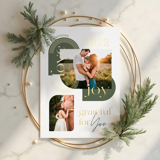 感謝していますあなたに 現代の幾何学的なアーチ 二つの写真 箔シーズンカード