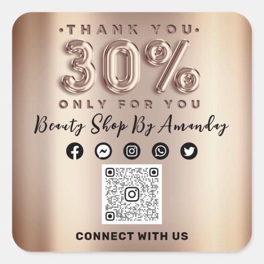 感謝していショッピングバラ30%オフQRコードオンライン社会 スクエアシール (正面)