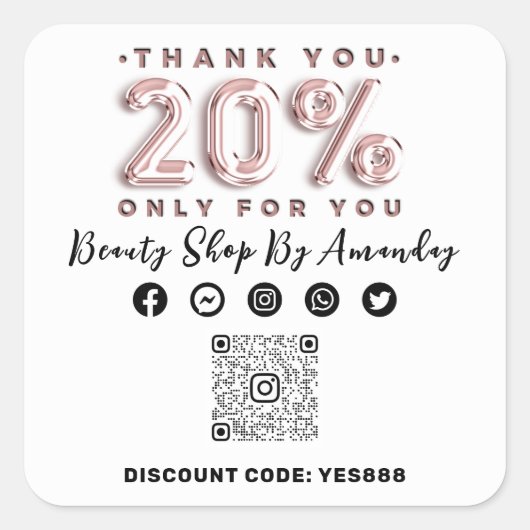 感謝していショッピング20%オフQRコードロゴ割引ホワイト スクエアシール (正面)