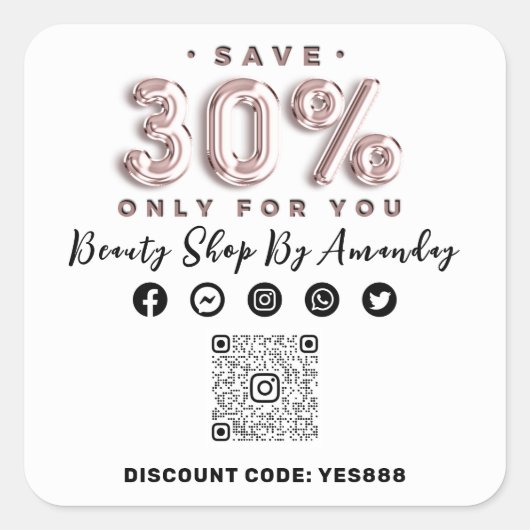 感謝していショッピング30%オフQRコードロゴ割引ホワイト スクエアシール (正面)