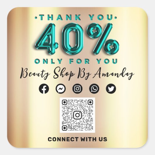 感謝していショッピング40%オフQRコードティール(緑がかった色)金ゴールド スクエアシール (正面)