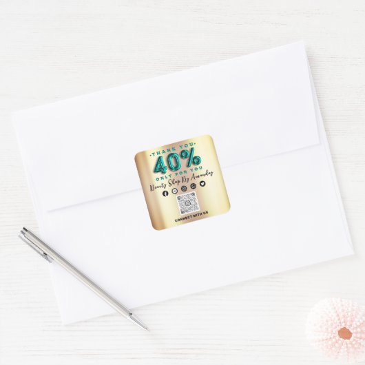 感謝していショッピング40%オフQRコードティール（緑がかった色）金ゴールド スクエアシール (封筒)