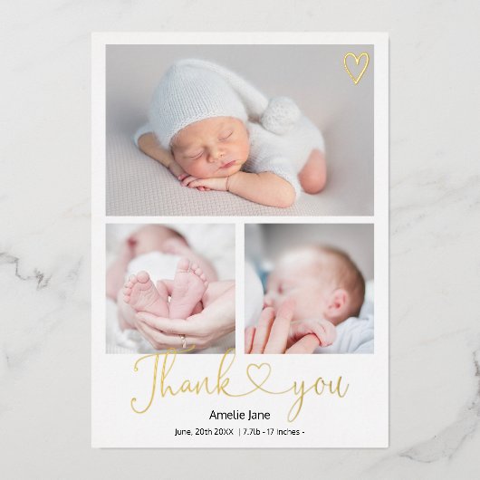 感謝していスクリプトハート4枚ベビー誕生 箔招待状 (正面)