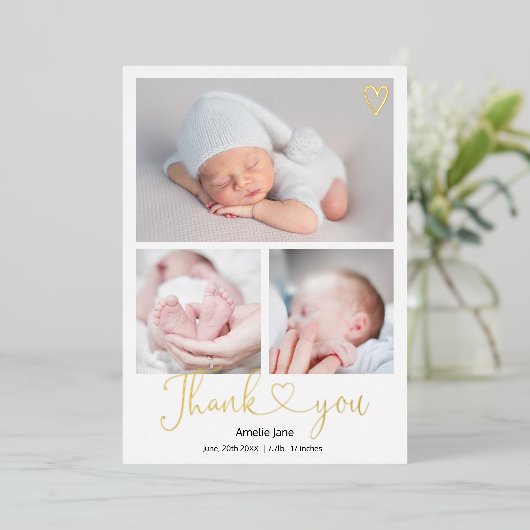 感謝していスクリプトハート4枚ベビー誕生 箔招待状 (立ち正面)