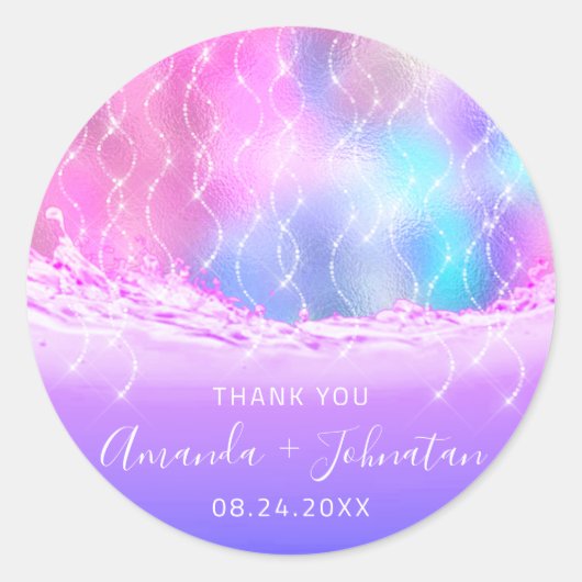 感謝していバラ名日付スパークブルー海波ピンク ラウンドシール (正面)