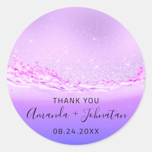 感謝していバラ名日付ホワイトパープル波ピンク ラウンドシール (正面)