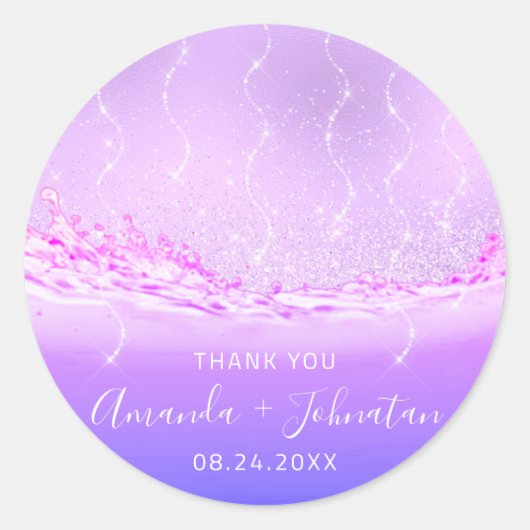 感謝していバラ名日付火花紫色の波ピンク ラウンドシール (正面)