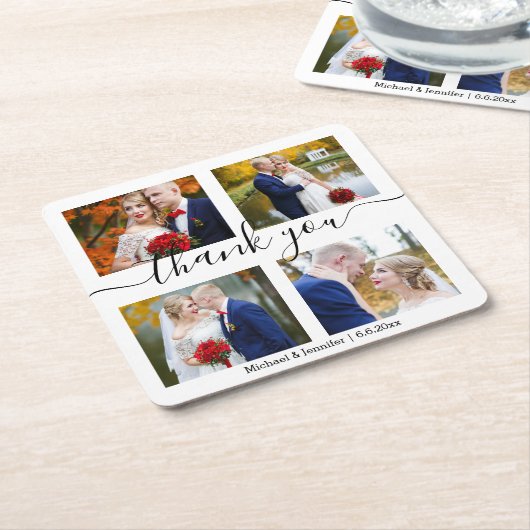 感謝していミニマル4枚の写真は結婚シック スクエアペーパーコースター (アングル)