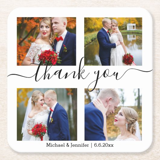 感謝していミニマル4枚の写真は結婚シック スクエアペーパーコースター (正面)