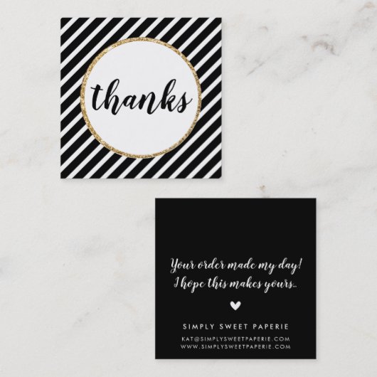 感謝していモダン書ストライプ白黒金ゴールド スクエア名刺 (正面/裏面)