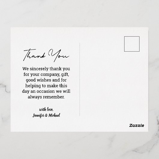 感謝していモダン金の手書き結婚写真 箔シーズンポストカード (裏面)