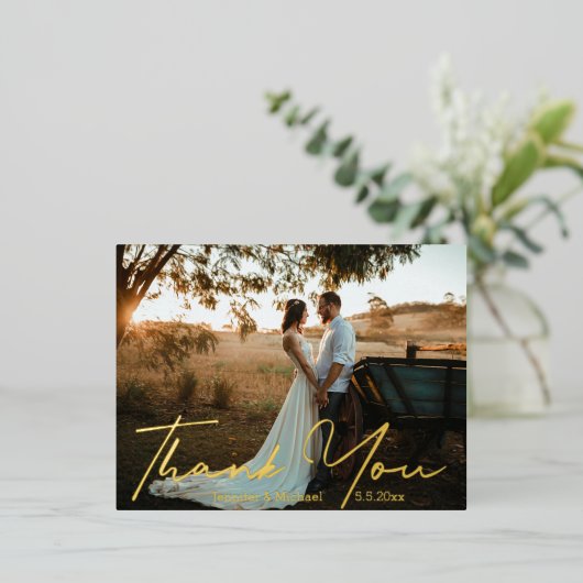 感謝していモダン金の手書き結婚写真 箔シーズンポストカード (立ち正面)