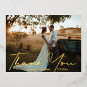 感謝していモダン金の手書き結婚写真 箔シーズンポストカード (正面)