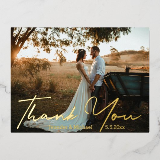 感謝していモダン金の手書き結婚写真 箔シーズンポストカード (正面)