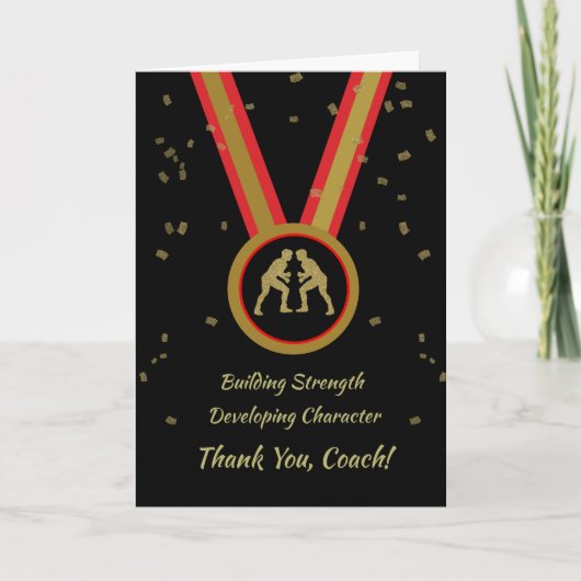 感謝していレスリングコーチ黒金ゴールドと赤メダル カード (正面)