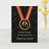 感謝していレスリングコーチ黒金ゴールドと赤メダル カード (黄色い花)