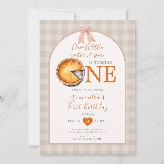 感謝してい与えのかわいこちゃんパイBeige Gingham 1st誕生日 招待状 (正面)