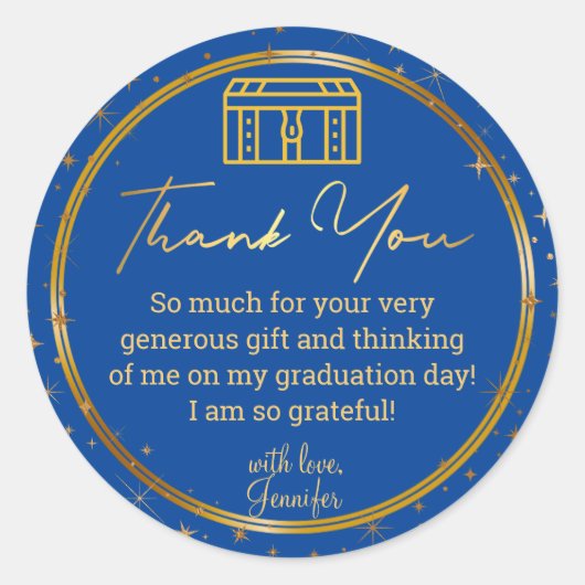 感謝してい卒業ブルー金ゴールドトランク輝くシック ラウンドシール (正面)