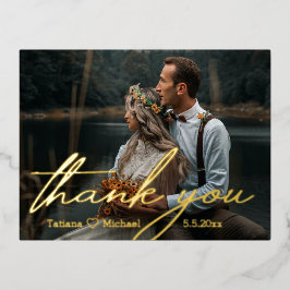 感謝してい君、ゴールデンのシックな手書き結婚の写真 箔シーズンポストカード