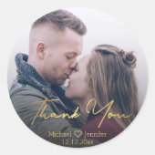 感謝してい君、金色のシックな手書き結婚写真 ラウンドシール (正面)